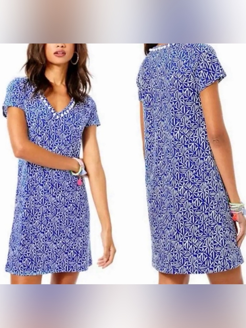 Lilly Pulitzer Etta V-Neck Dress Corsica Blue Easy Peasy Sz XL 100% Pima cotton